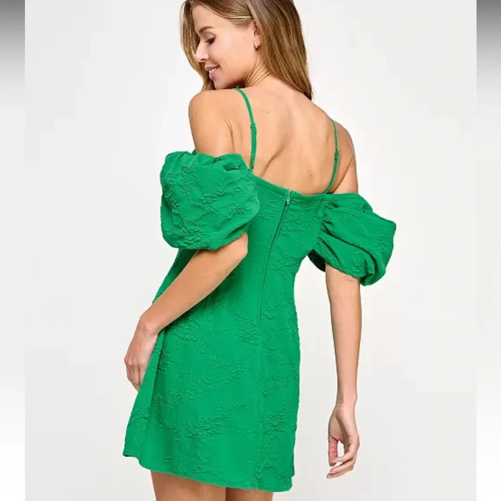 City Studios Emerald Green Off Shoulder Jacquard Dress - Picture 3 of 5